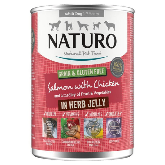 Naturo Adult Grain & Gluten Free Salmon with Chicken in Herb Jelly Tins 390g - North East Pet Shop Naturo