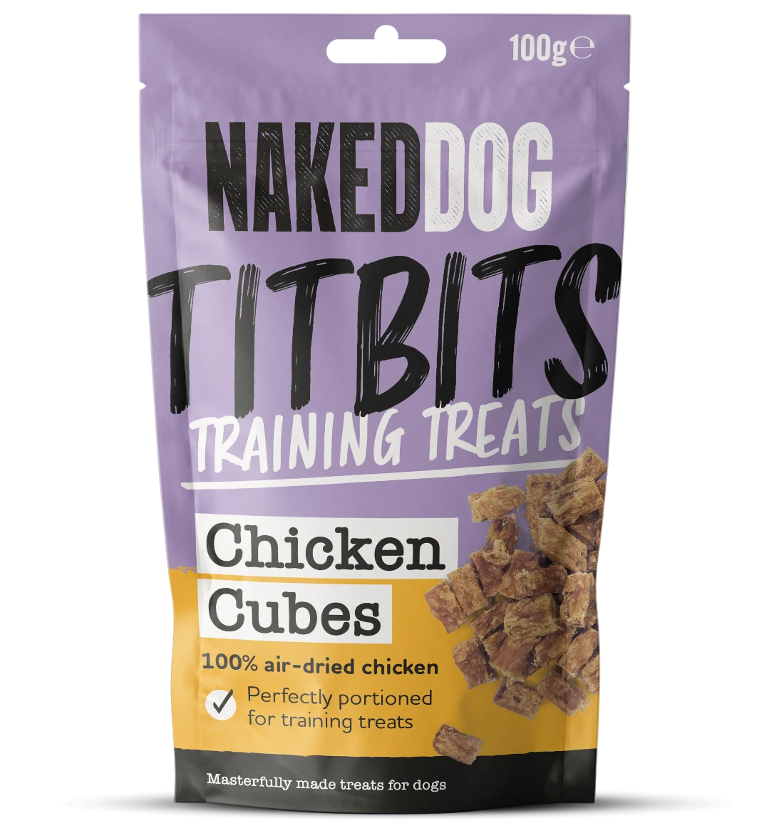 Naked Dog Chicken Cubes retail 100g pack; product sold as case of six