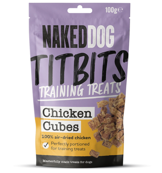 Naked Dog Chicken Cubes retail 100g pack; product sold as case of six
