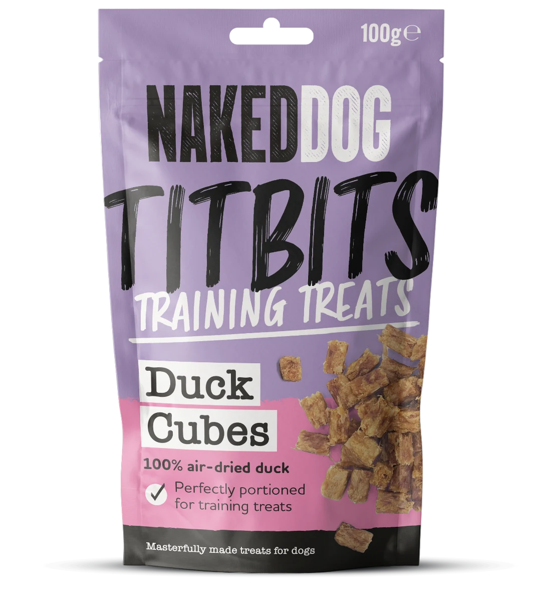 Naked Dog Duck Cubes retail 100g pack; product sold as case of six