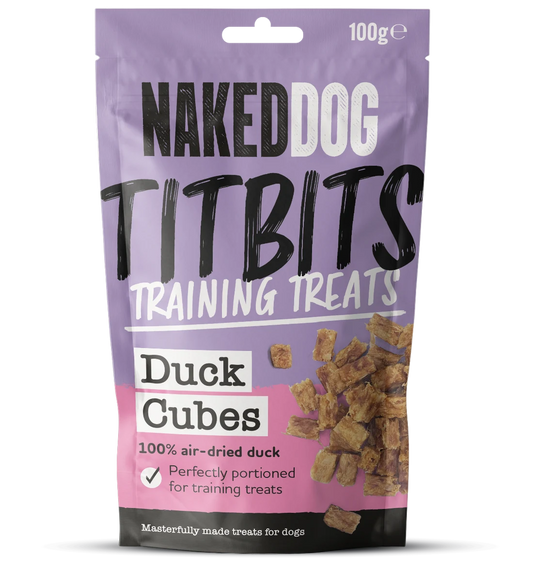 Naked Dog Duck Cubes retail 100g pack; product sold as case of six