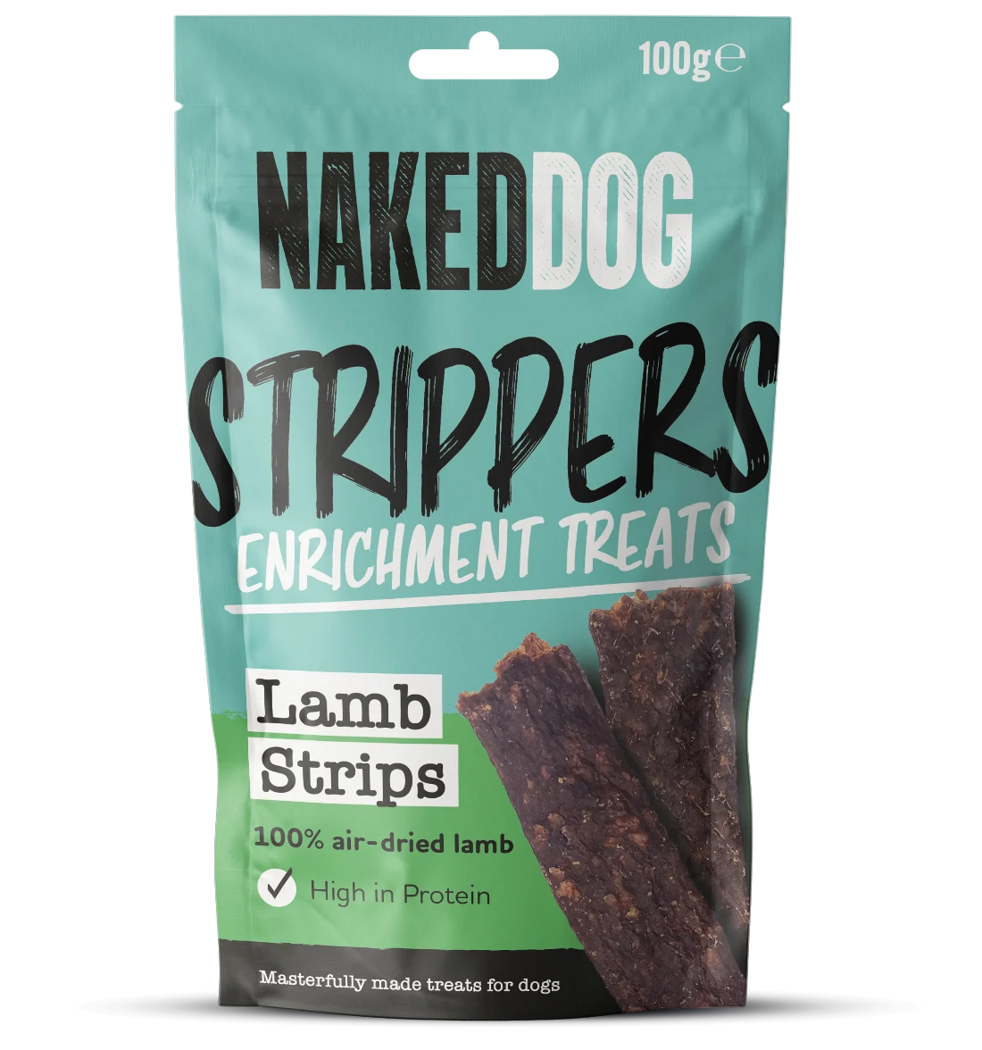 Naked Dog Lamb Strips retail 100g pack; product sold as case of six