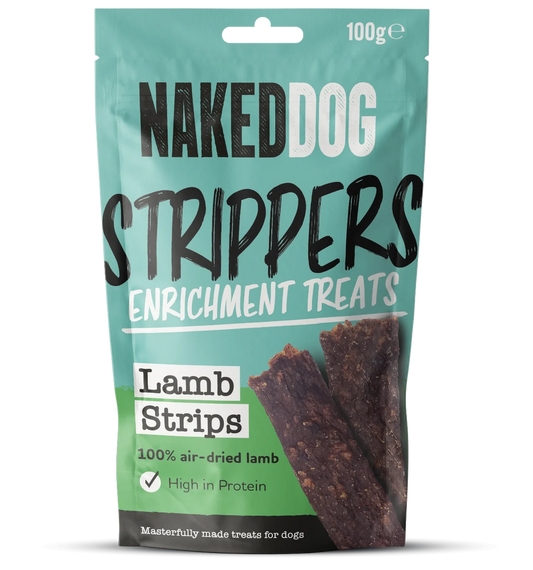 Naked Dog Lamb Strips retail 100g pack; product sold as case of six