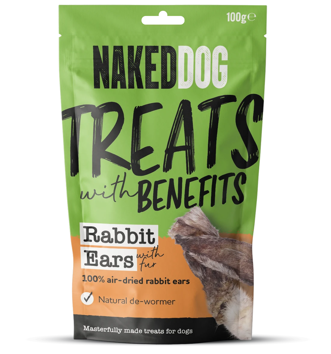 Naked Dog Rabbit Ears with Fur retail 100g pack; product sold as case of five
