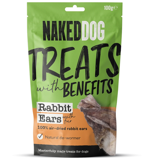 Naked Dog Rabbit Ears with Fur retail 100g pack; product sold as case of five