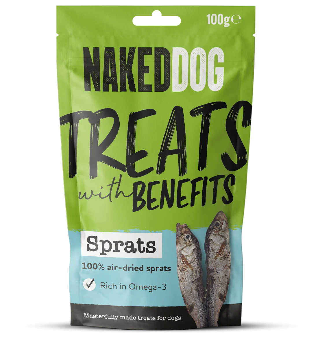 Naked Dog Sprats retail 100g pack; product sold as case of six