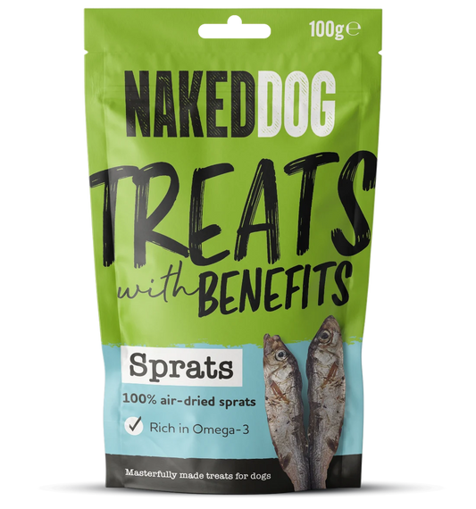 Naked Dog Sprats retail 100g pack; product sold as case of six