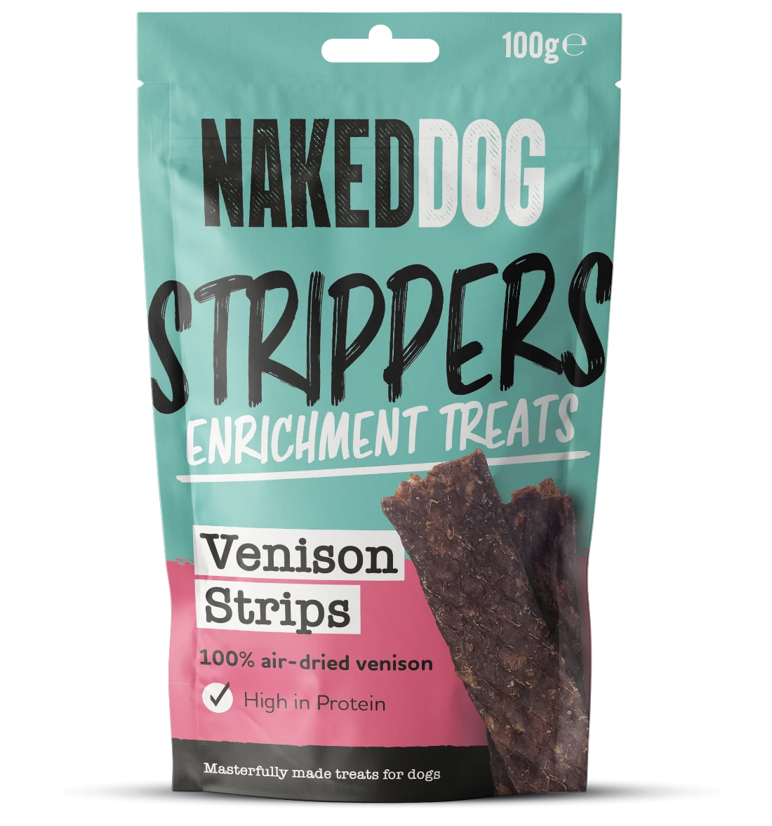 Naked Dog Venison Strips retail 100g pack; product sold as case of six