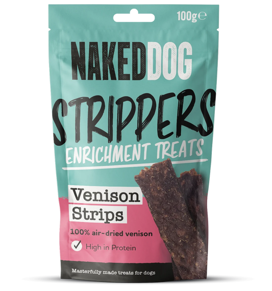 Naked Dog Venison Strips retail 100g pack; product sold as case of six