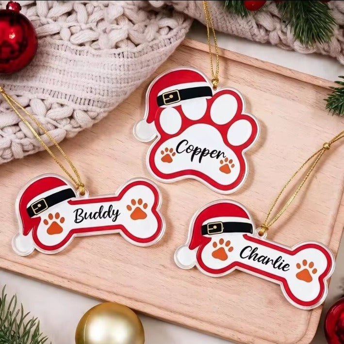 Available personalised festive dog ornament designs: Santa bone and Santa paw