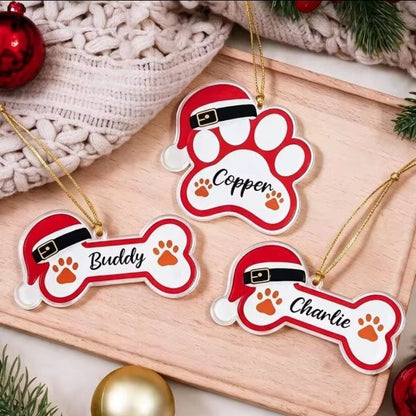 Available personalised festive dog ornament designs: Santa bone and Santa paw