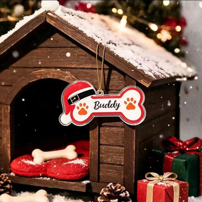 Santa Bone Style 1 personalised dog bone Christmas tree ornament, 10 cm, sample name Buddy
