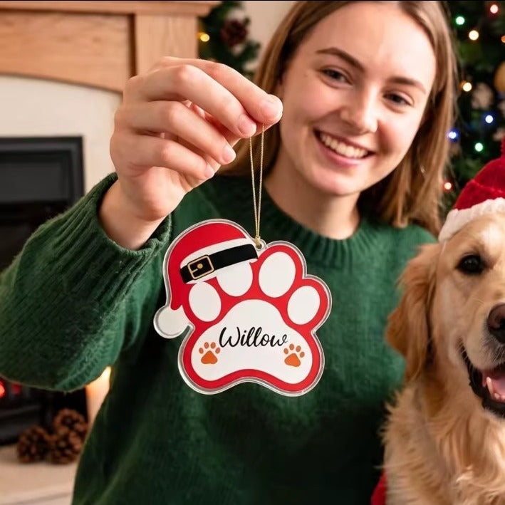 Santa Paw Style 2 personalised dog paw Christmas tree ornament, 10 cm, sample name Willow