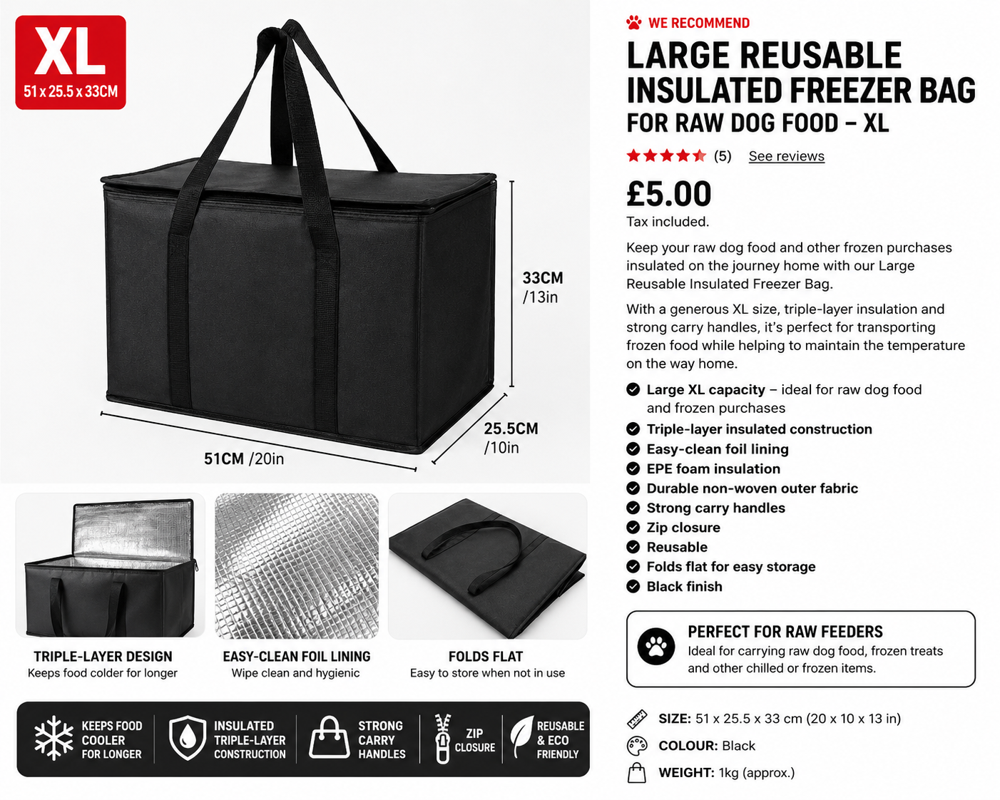 Large Reusable Insulated Freezer Bag for Raw Dog Food - XL