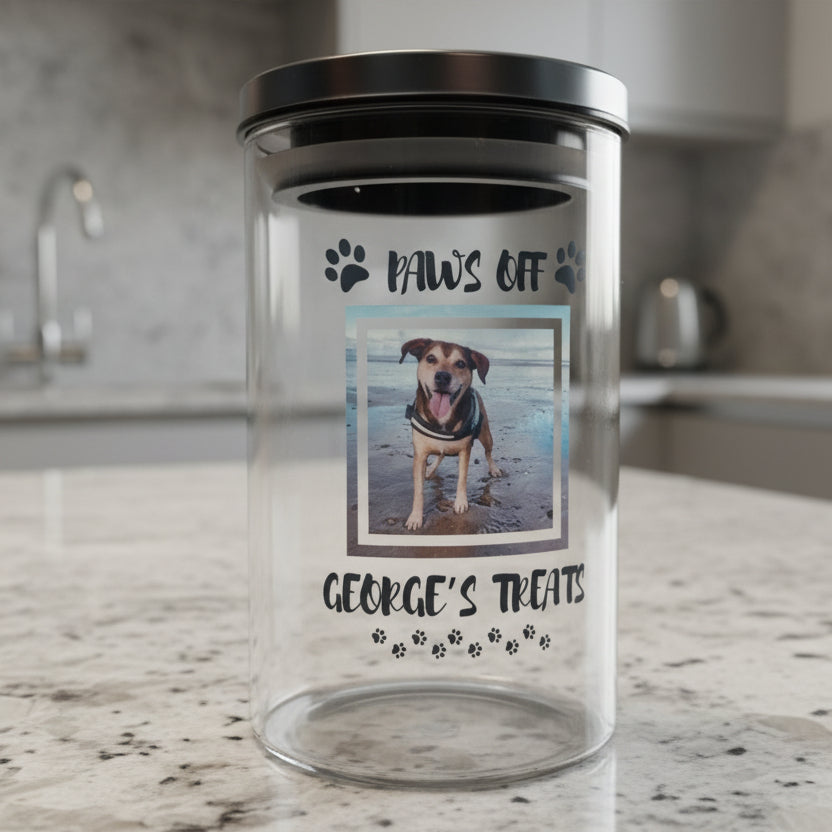 Personalised Pet Treat Jar | Custom Photo Dog Cat Glass Jar Gift