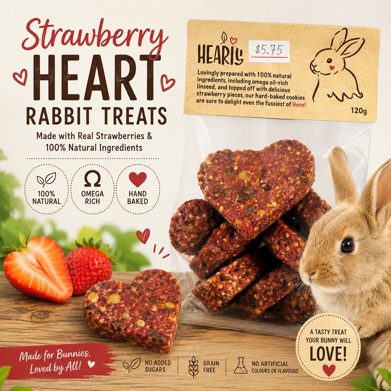 Strawberry Heart Rabbit Treats 120g