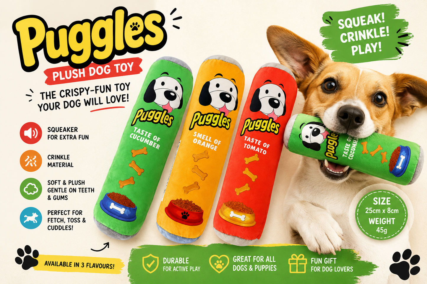 Puggles Dog Toy – Plush Pringles-Inspired Crinkle Toy for Dogs
