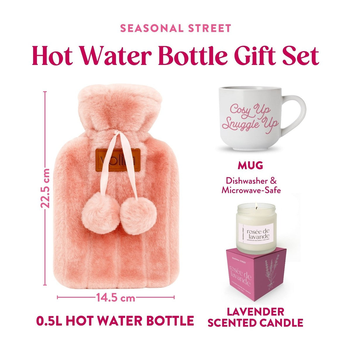 SEASONAL STREET Mini Hot Water Bottle Gift Set – Pink 0.5L