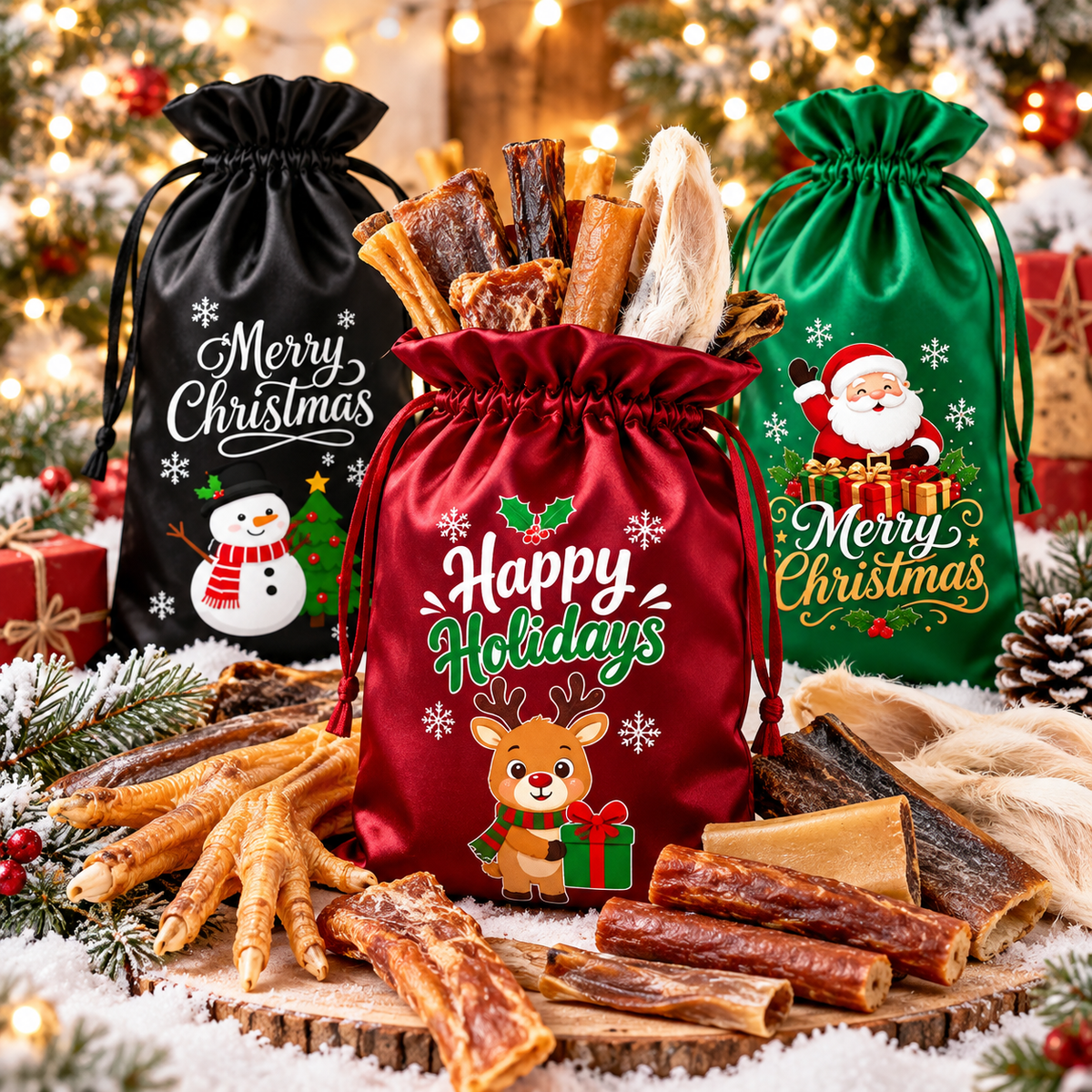 Santa Paws Christmas natural dog treat sack with realistic chews and three festive bag designs in a winter scene