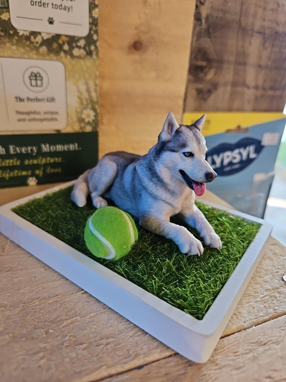 Skye the Husky's personalised Kithkins pet sculpture on display at The North East Pet Shop, Hebburn