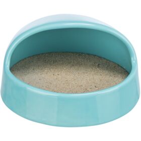 Trixie turquoise ceramic sand bath shown filled with sand